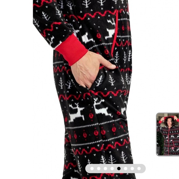 Tipsy Elves | Mens XL | Fair Isle Hooded Onesie Pajamas | Red Black Hooded - Picture 5 of 11